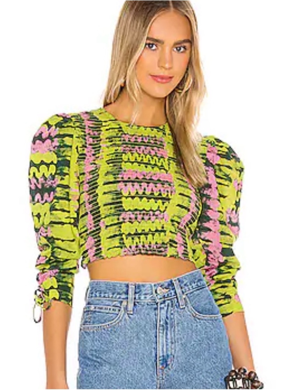 RHODE Rita Smocked Green & Pink Puff-Sleeve Cropped Top | S